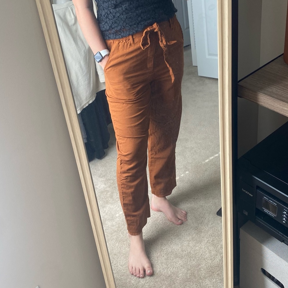 Soft Slouchy Burnt Orange Rust Linen Trousers - So comfy and stretchy. Size M